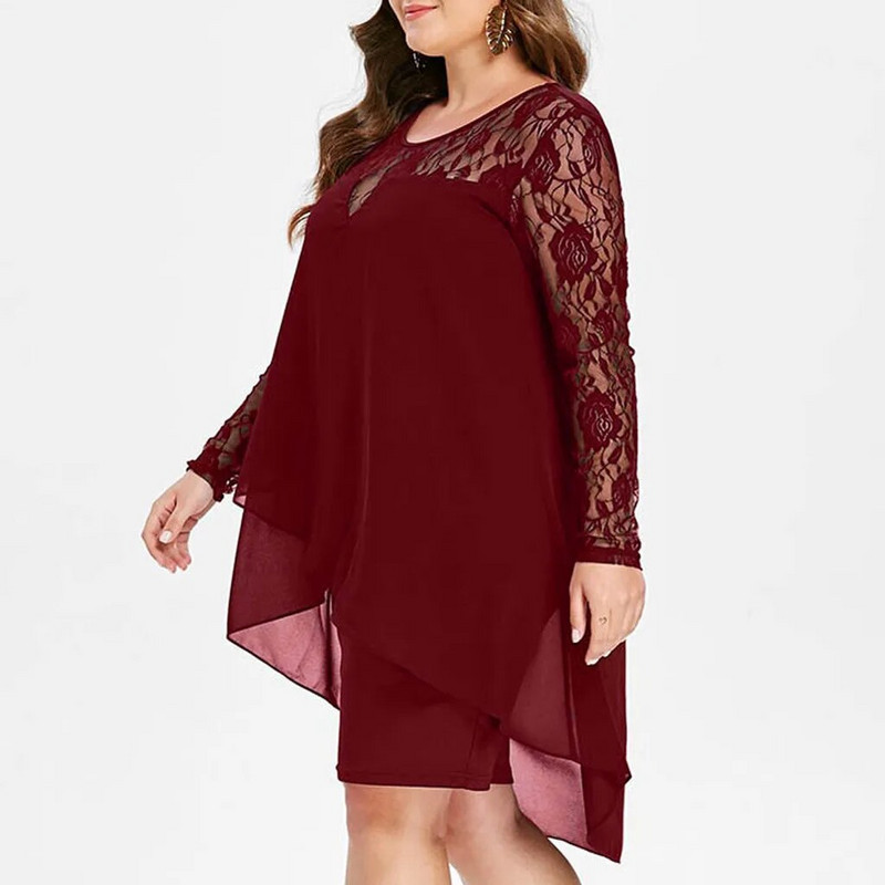Ženska haljina velikih veličina Prozirna čipkana patchwork haljina dugih rukava s visokim niskim porubom O-izrezom Ležerna elegantna haljina za zabave Vestidos