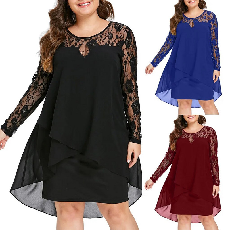 Ženska haljina velikih veličina Prozirna čipkana patchwork haljina dugih rukava s visokim niskim porubom O-izrezom Ležerna elegantna haljina za zabave Vestidos