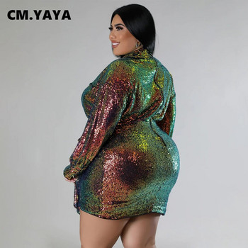 CM.YAYA Плюс размер Дамска миди рокля с дълги ръкави и завързване отстрани с пайети 2023 г. Секси парти вечерни шик рокли Vestidos
