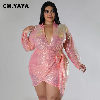 CM.YAYA Плюс размер Дамска миди рокля с дълги ръкави и завързване отстрани с пайети 2023 г. Секси парти вечерни шик рокли Vestidos