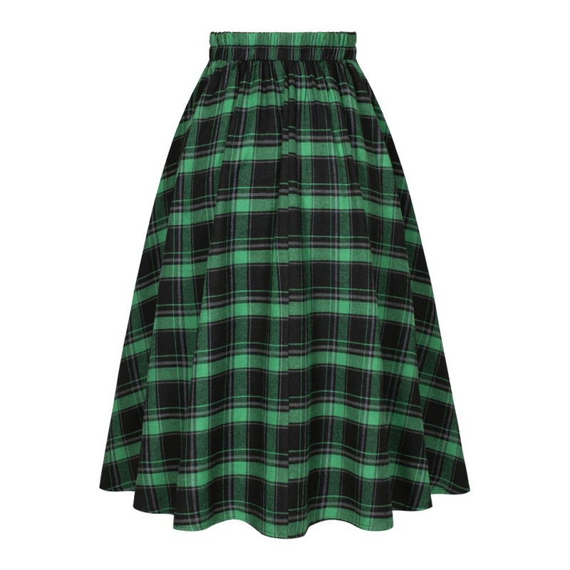 Karácsonyi zöld piros vintage rakott kockás szoknya őszi téli magas derekú midi szoknyák gomb dekoráció nagy méretű szoknya SS0037