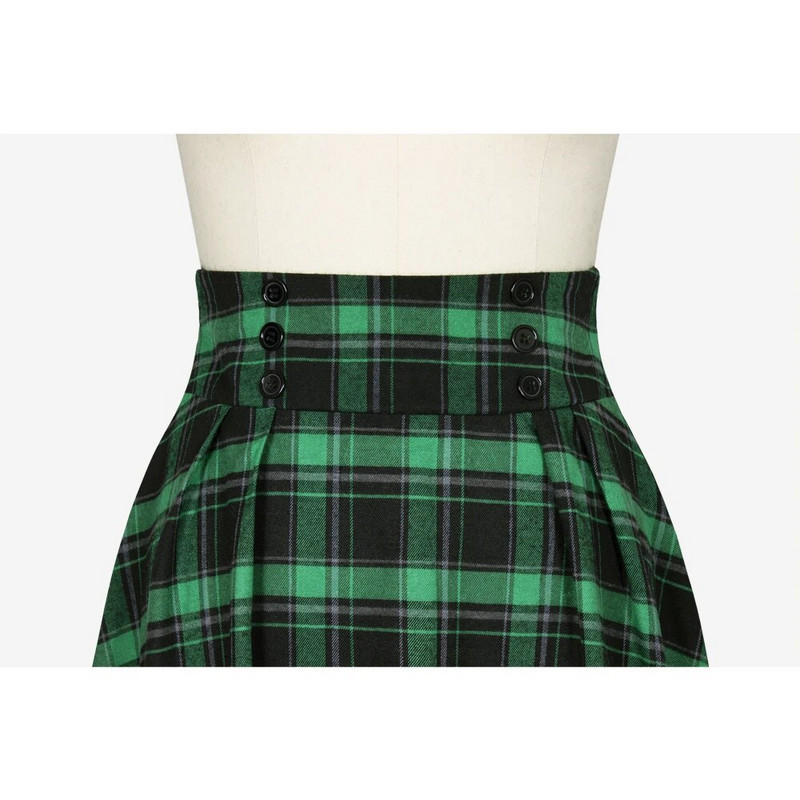 Karácsonyi zöld piros vintage rakott kockás szoknya őszi téli magas derekú midi szoknyák gomb dekoráció nagy méretű szoknya SS0037