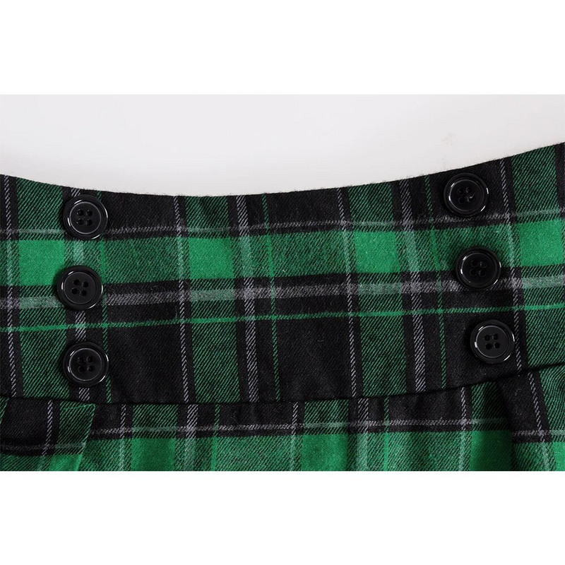 Karácsonyi zöld piros vintage rakott kockás szoknya őszi téli magas derekú midi szoknyák gomb dekoráció nagy méretű szoknya SS0037