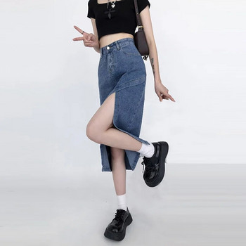 Τζιν φούστα με σχισμή σε μεγάλο μέγεθος για γυναικεία ρούχα κορεατικού στιλ 2023 Νέα vintage ψηλόμεση λεπτή μεσαία φούστα Γυναικεία Y2k