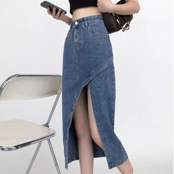 Τζιν φούστα με σχισμή σε μεγάλο μέγεθος για γυναικεία ρούχα κορεατικού στιλ 2023 Νέα vintage ψηλόμεση λεπτή μεσαία φούστα Γυναικεία Y2k