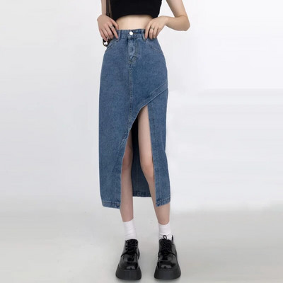 Fusta de blugi cu tăieturi mari, fustă pentru femei, îmbrăcăminte în stil coreean, 2023, fustă subțire, cu talie înaltă, pentru femei, Y2k