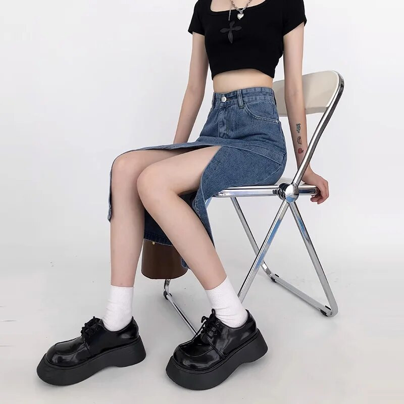 Fusta de blugi cu tăieturi mari, fustă pentru femei, îmbrăcăminte în stil coreean, 2023, fustă subțire, cu talie înaltă, pentru femei, Y2k