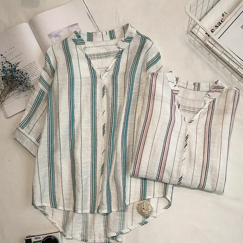 Ljetna nova ženska košulja Chic šišmiš rukava s V-izrezom, prugasta bluza kratkih rukava Ženska modna korejska gornja odjeća za slobodno vrijeme H9005