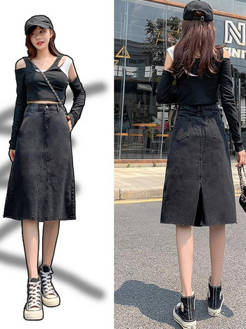 Xisteps Γυναικεία φούστα Midi τζιν ψηλόμεση Γυναικεία φούστα Κομψή Y2K Φθινοπωρινή Solid Streetwear Γυναικείες φούστες 2022