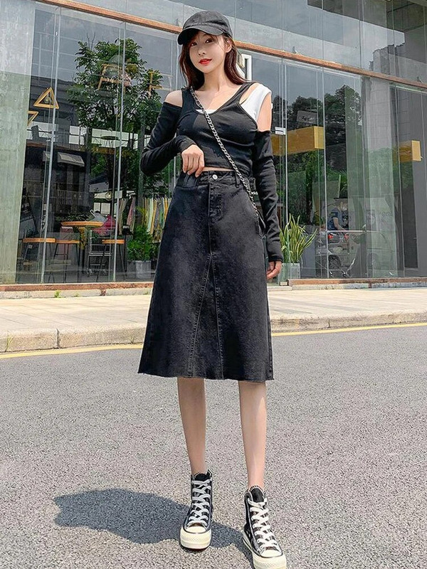 Xisteps Γυναικεία φούστα Midi τζιν ψηλόμεση Γυναικεία φούστα Κομψή Y2K Φθινοπωρινή Solid Streetwear Γυναικείες φούστες 2022