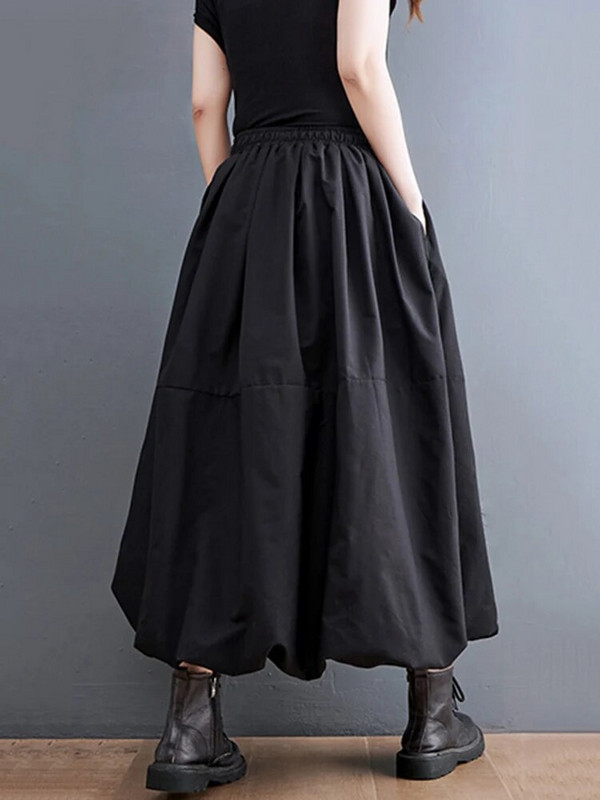 Fekete szüreti magas derekú redőzött szoknya női divatos nagyméretű húzózsinór bő, hétköznapi hosszú szoknyák ruházat 2023. tavaszi ősz