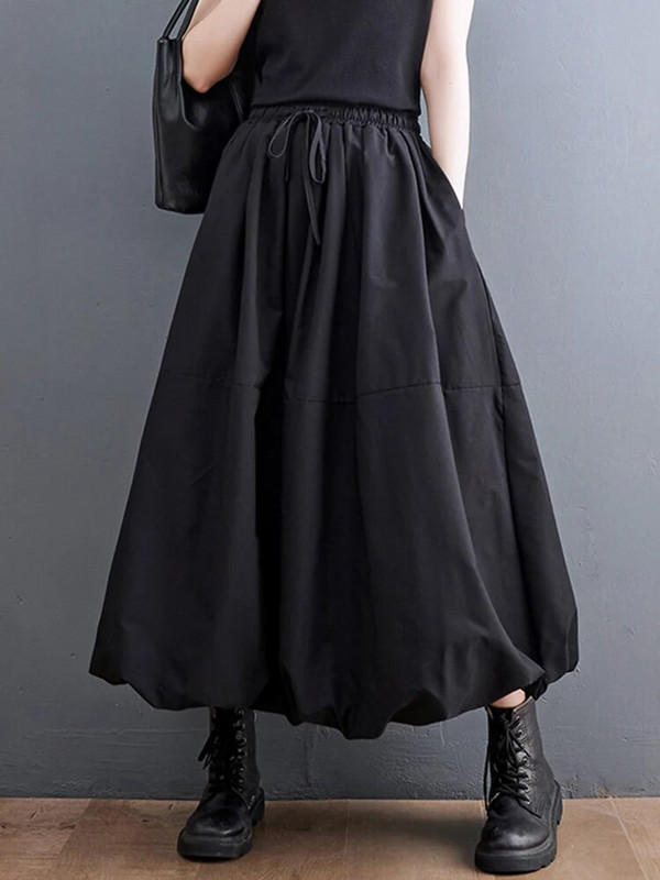 Fekete szüreti magas derekú redőzött szoknya női divatos nagyméretű húzózsinór bő, hétköznapi hosszú szoknyák ruházat 2023. tavaszi ősz