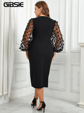 GIBSIE Плюс размер Дамски черни V-образно деколте с мрежест ръкав Коктейлна рокля тип молив Елегантни офис дамски разделени миди рокли по тялото