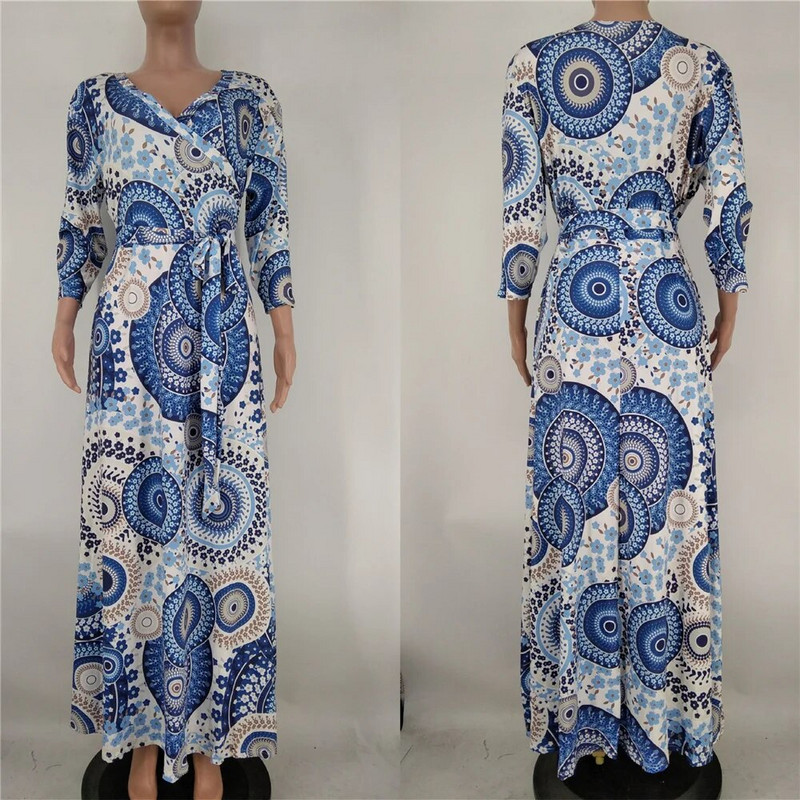 Haljine velikih veličina za žene Jesenska odjeća Elegantna V izrez modni print dugih rukava s pojasom Maxi haljina Veleprodaja Dropshipping