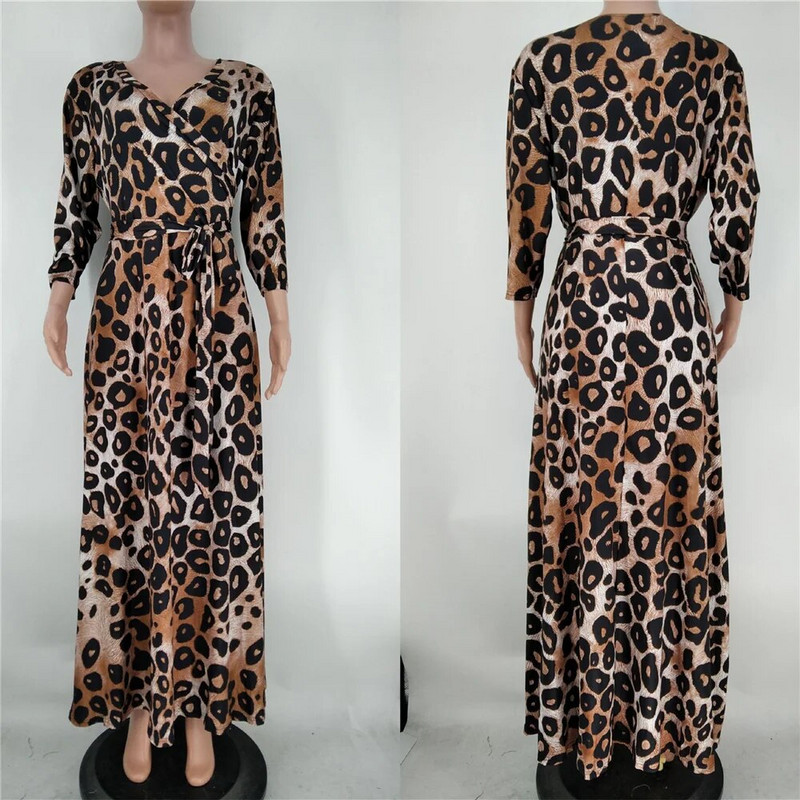 Haljine velikih veličina za žene Jesenska odjeća Elegantna V izrez modni print dugih rukava s pojasom Maxi haljina Veleprodaja Dropshipping
