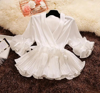 Moteriški marškiniai su giliais V formos iškirpte raukiniais Pavasariniai rudeniniai suvarstomi šifoninės palaidinės Moteriškos klostuotos palaidinės Elegantiškos biuro palaidinės