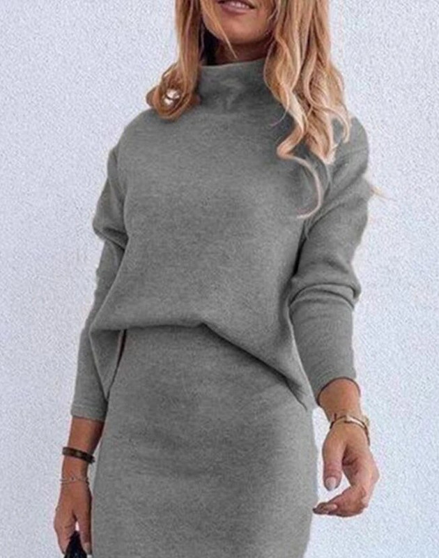 Naiste kleit 2023. aasta sügis ja talv uus mood ühevärviline pikkade varrukatega trikotaažkaelusega dressipluus ja kõrge vöökohaga seelikukomplekt, rõivad