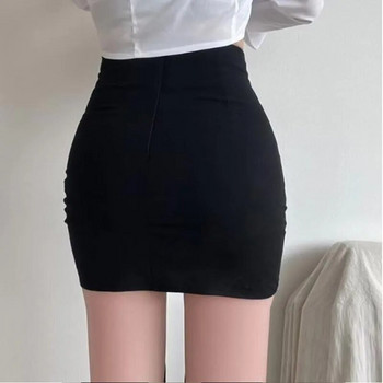 Черна неправилна пола тип молив Дамска 2023 г. Секси еластична тясна пола с висока талия Реколта Универсално облекло в корейски стил Плюс размер