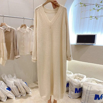 Плюс размер 6XL 150 кг висококачествена пролетна пуловерна рокля за жени Едноцветен пуловер с V-образно деколте Дебела зимна дълга рокля Макси рокли