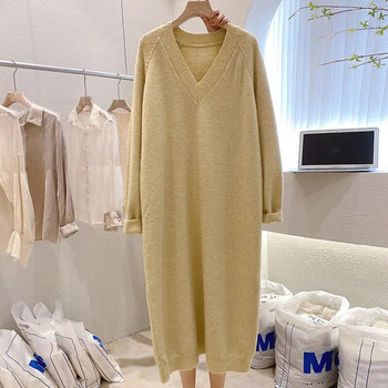 Plus Size 6XL 150kg Ανοιξιάτικο πουλόβερ υψηλής ποιότητας Γυναικείο μονόχρωμο πουλόβερ με λαιμόκοψη Χοντρό χειμερινό μακρύ φόρεμα Maxi