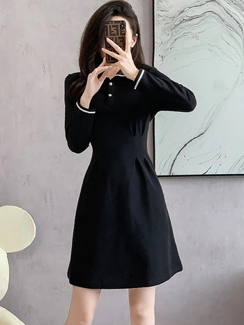 2024 Μαύρο μακρυμάνικο πόλο γιακά κοντό φόρεμα σε γραμμή Α Γυναικείο κομψό καθημερινό φόρεμα σπιτιού Φθινοπωρινό χειμερινό κορεατικό vintage φόρεμα Hepburn