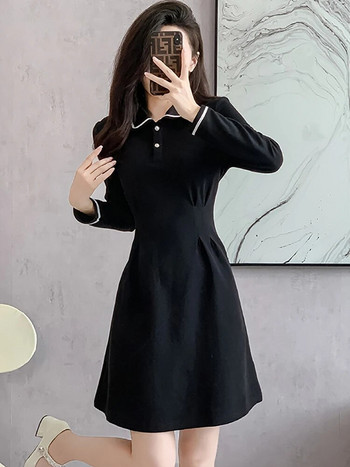 2024 Μαύρο μακρυμάνικο πόλο γιακά κοντό φόρεμα σε γραμμή Α Γυναικείο κομψό καθημερινό φόρεμα σπιτιού Φθινοπωρινό χειμερινό κορεατικό vintage φόρεμα Hepburn