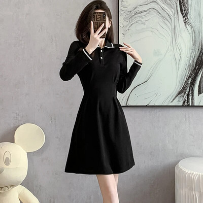 2024 Μαύρο μακρυμάνικο πόλο γιακά κοντό φόρεμα σε γραμμή Α Γυναικείο κομψό καθημερινό φόρεμα σπιτιού Φθινοπωρινό χειμερινό κορεατικό vintage φόρεμα Hepburn