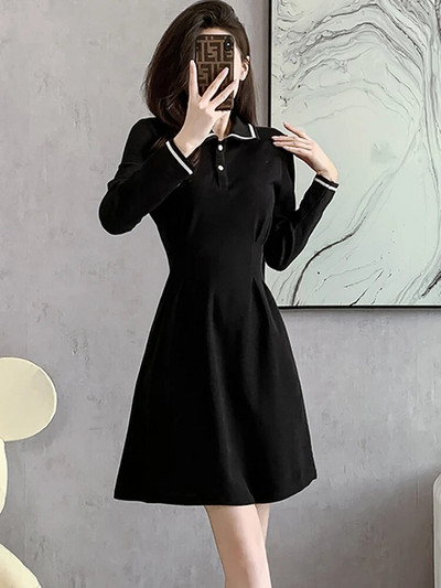 2024 Черна поло яка с дълъг ръкав A-Line къса рокля Дамска елегантна ежедневна домашна рокля Есен Зима Корейска ретро рокля на Хепбърн