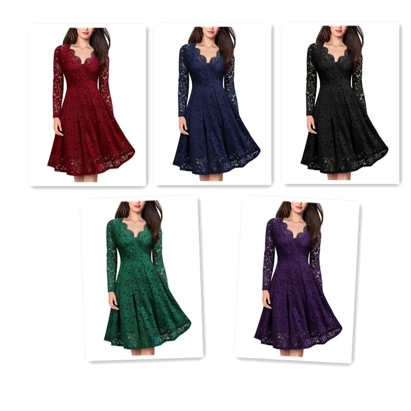 Ženske haljine V-izrez s otvorenim ramenima Čipkana večernja haljina dugih rukava Haljina Proljeće Jesen Vestido Invierno Mujer