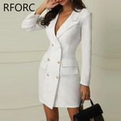 2023 m. moteriška balta suknelė su dviguba krūtine su dantyta apykakle, rudens ir žiemos maža suknelė