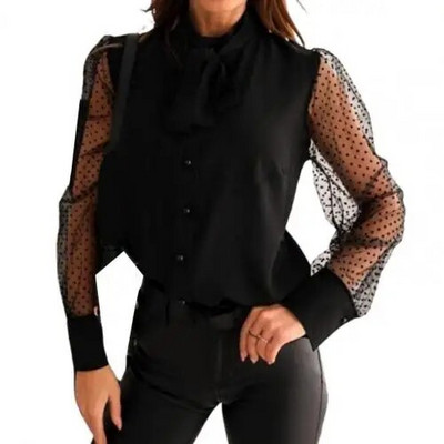 Ženska prozirna mrežasta košulja dugih rukava s dugmićima s mašnom i retro ispisom točkica Ženska bluza i top