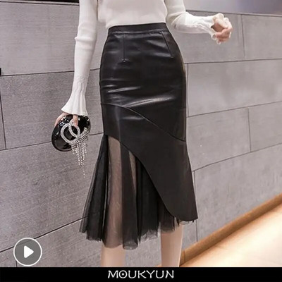 MOUKYUN Toamna Femei Sexy Midi Mesh Fuste din piele de îmbinare Moda coreeană Ladoes Negru talie înaltă Fusta creion de birou Faldas