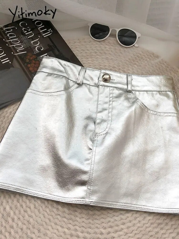 Yitimoky mini kožne suknje za žene 2022. Korejska moda Vintage Streetwear Party Club Night Seksi super kratke metalne pu suknje