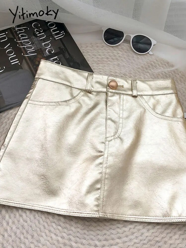 Yitimoky mini kožne suknje za žene 2022. Korejska moda Vintage Streetwear Party Club Night Seksi super kratke metalne pu suknje