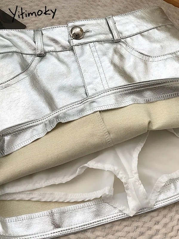 Yitimoky mini kožne suknje za žene 2022. Korejska moda Vintage Streetwear Party Club Night Seksi super kratke metalne pu suknje