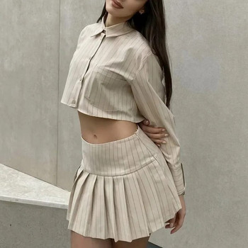 TRAF ριγέ πλισέ φούστα Γυναικείες φούστες Άνοιξη καλοκαίρι 2024 Φούστα στη μέση Κορεάτικο στυλ Κομψές κοινωνικές γυναικείες φούστες
