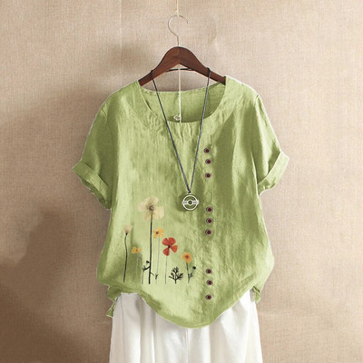 Μπλούζες 4xl Plus Size Floral Printing Γυναικείες μπλούζες τουνίκ με κουμπιά χαλαρά κοντομάνικα πουκάμισα με στρογγυλή λαιμόκοψη για το καλοκαίρι Топ Женский