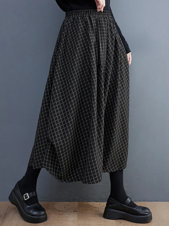 Μαύρη καρό vintage ψηλόμεση πλισέ γυναικεία φούστα Νέο συν μέγεθος Χαλαρές casual midi φούστες Μόδα ρούχα Άνοιξη Καλοκαίρι 2023