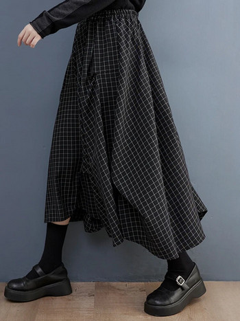 Μαύρη καρό vintage ψηλόμεση πλισέ γυναικεία φούστα Νέο συν μέγεθος Χαλαρές casual midi φούστες Μόδα ρούχα Άνοιξη Καλοκαίρι 2023