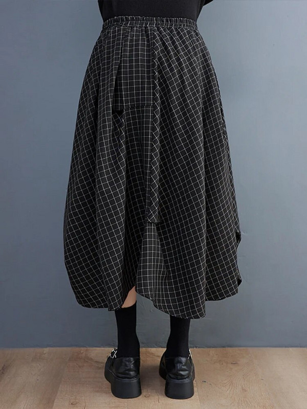 Μαύρη καρό vintage ψηλόμεση πλισέ γυναικεία φούστα Νέο συν μέγεθος Χαλαρές casual midi φούστες Μόδα ρούχα Άνοιξη Καλοκαίρι 2023