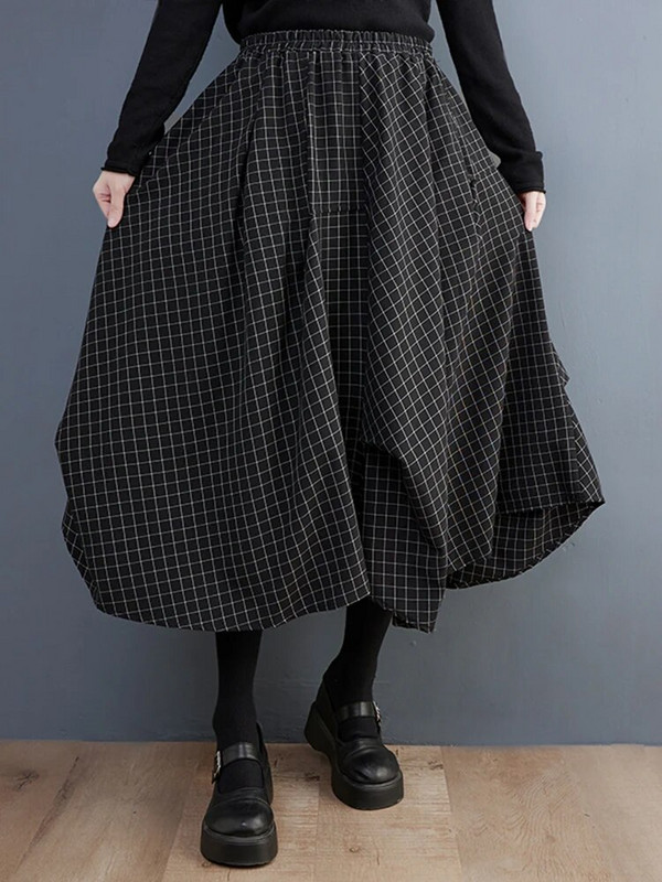 Μαύρη καρό vintage ψηλόμεση πλισέ γυναικεία φούστα Νέο συν μέγεθος Χαλαρές casual midi φούστες Μόδα ρούχα Άνοιξη Καλοκαίρι 2023