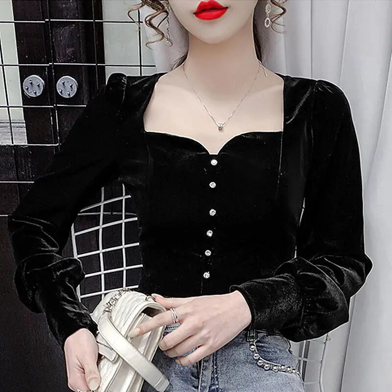 Baršunaste čipkane košulje, elegantne, slatke, četvrtaste ovratnike, ženske bluze od velura, šik, izvrsni gumbi, ženske bluze