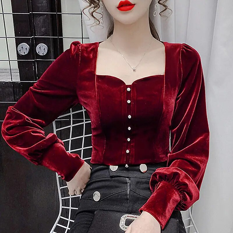 Baršunaste čipkane košulje, elegantne, slatke, četvrtaste ovratnike, ženske bluze od velura, šik, izvrsni gumbi, ženske bluze