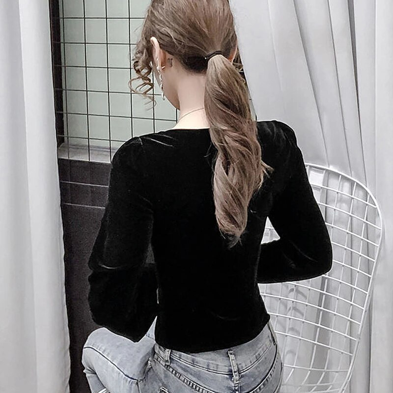 Baršunaste čipkane košulje, elegantne, slatke, četvrtaste ovratnike, ženske bluze od velura, šik, izvrsni gumbi, ženske bluze