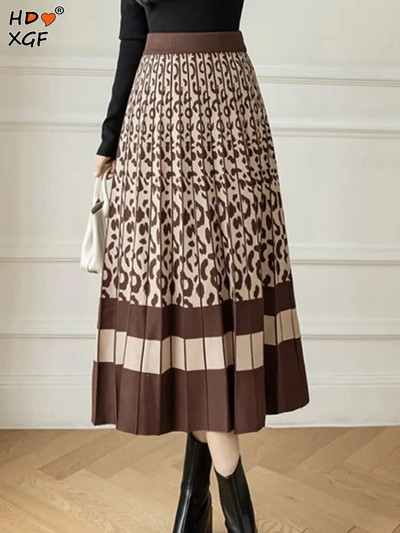 Старинни щампи Плюс размер 40-80 кг Плетени поли Дамски ластични поли с висока талия A-line пола тип чадър Streetwear Елегантни дълги поли