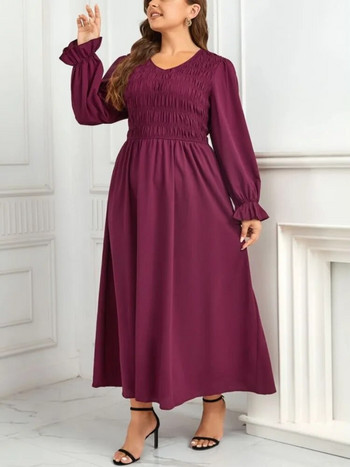 Γυναικεία φορέματα Runched σε μεγάλο μέγεθος V λαιμόκοψη Ελαστική μακριά φουσκωτά μανίκια Φθινοπωρινό φθινόπωρο Sprimg μονόχρωμη γυναικεία ρούχα