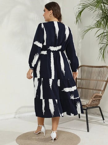 GIBSIE Plus Size Surplice λαιμόκοψη με μακρυμάνικο βολάν Γυναικείο φόρεμα για διακοπές casual print σε γραμμή Boho μακριά φορέματα Άνοιξη 2024
