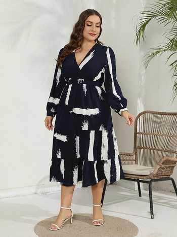 GIBSIE Plus Size Surplice λαιμόκοψη με μακρυμάνικο βολάν Γυναικείο φόρεμα για διακοπές casual print σε γραμμή Boho μακριά φορέματα Άνοιξη 2024