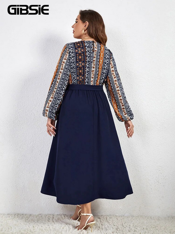 GIBSIE Nagy méretű, kerek nyakú foltmintás nyomtatási öves ruha tavaszi őszi lámpás ujjú elegáns A-vonalú női hosszú ruhák 2023 új