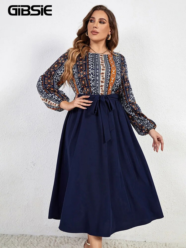 GIBSIE Nagy méretű, kerek nyakú foltmintás nyomtatási öves ruha tavaszi őszi lámpás ujjú elegáns A-vonalú női hosszú ruhák 2023 új